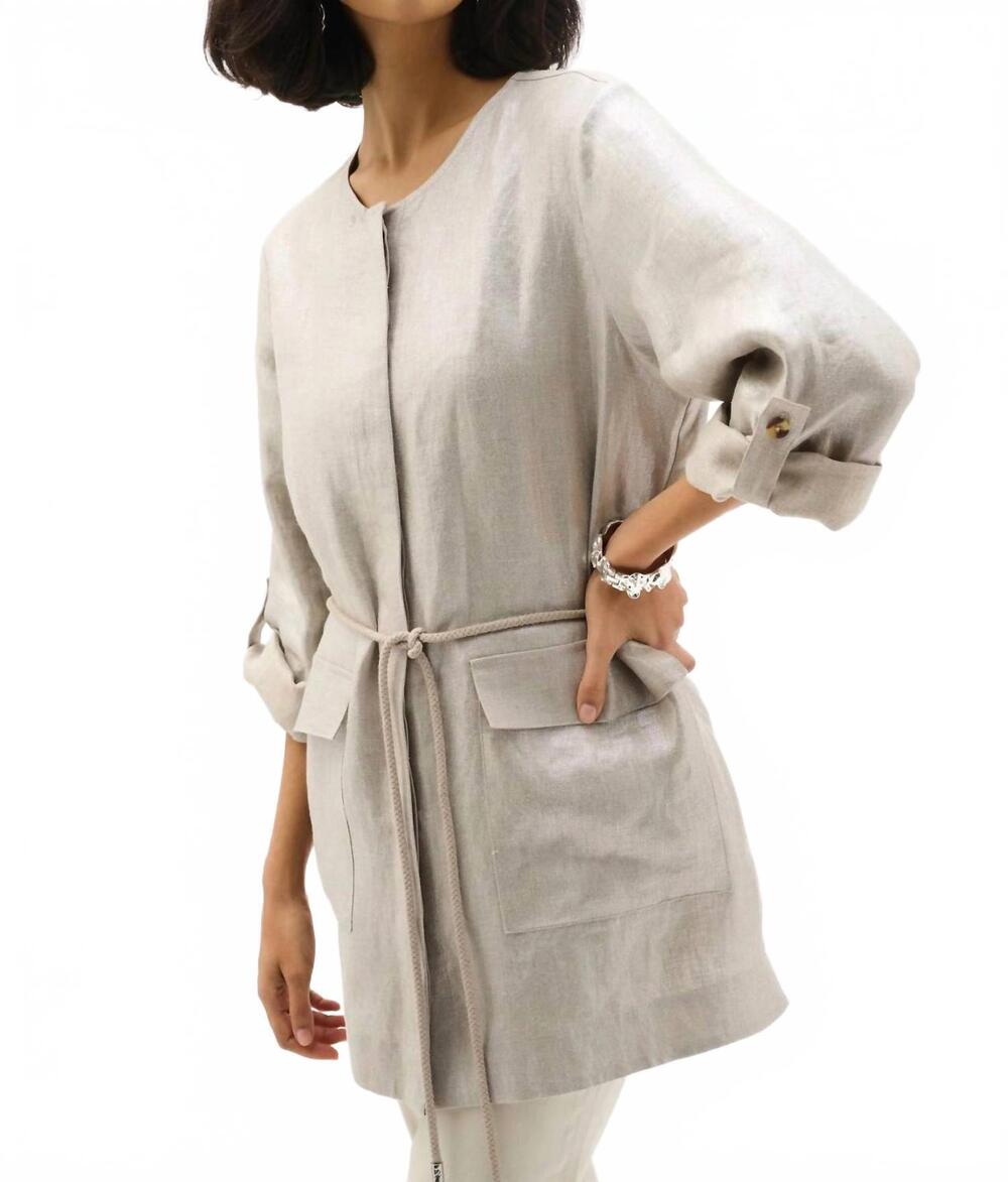 NEW JOSEPH RIBKOFF waist tie foiled linen jacket in champagne